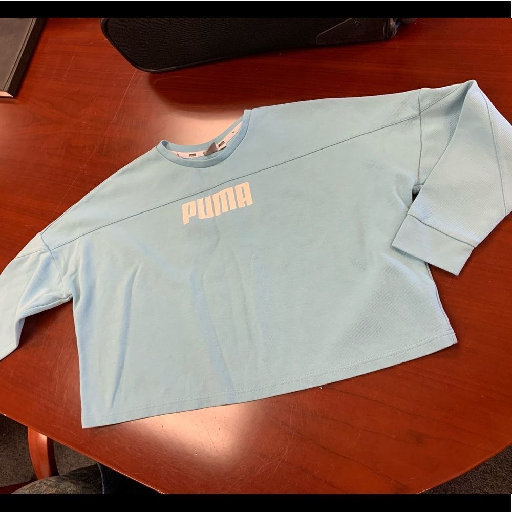 Puma Light Blue Cropped Spirit Jersey Style Sweatshirt sz M NWOT